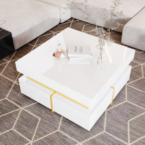 Luxury High-Gloss Coffee Table with Gold Accents & Drawers