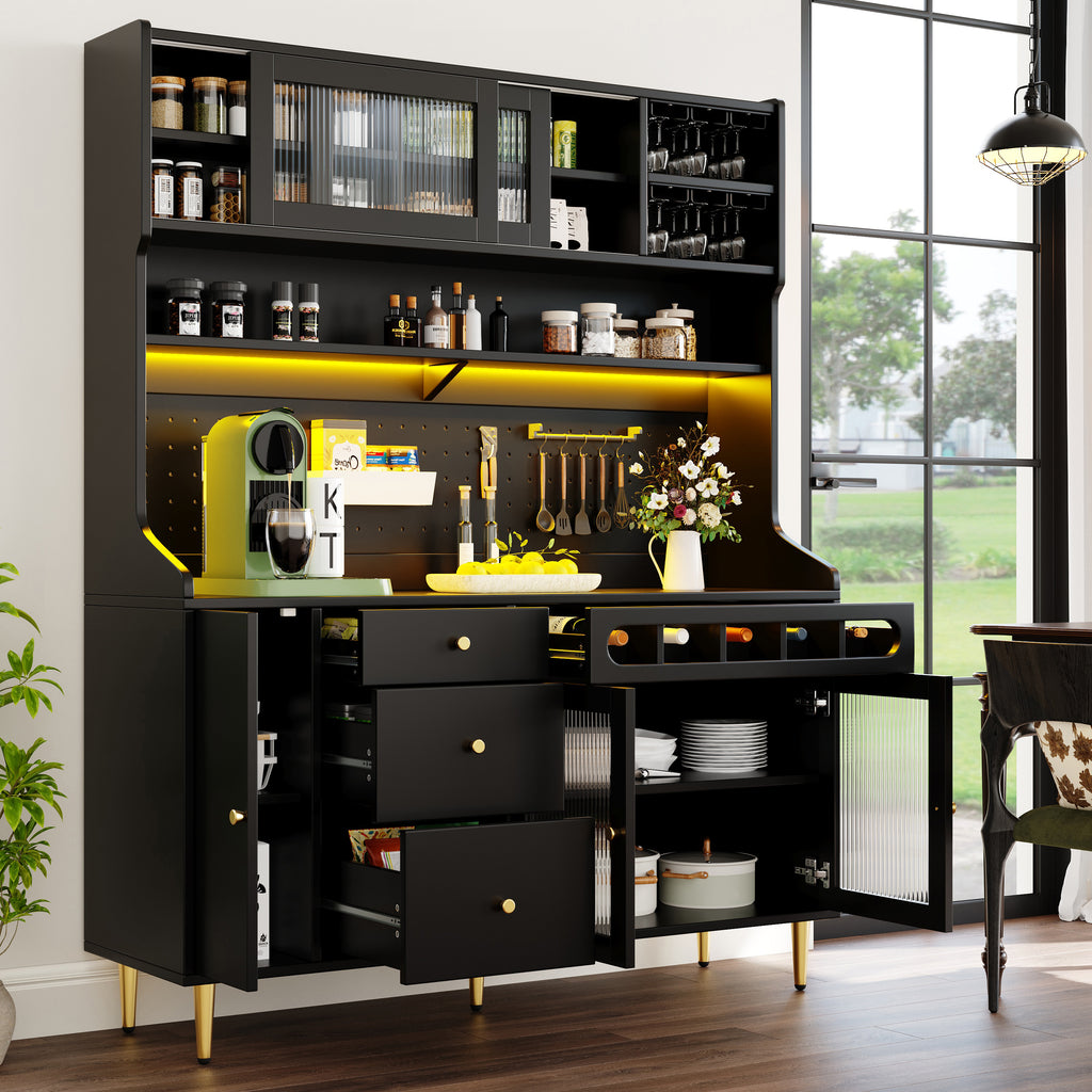LED Storage Cabinet with Wine Rack & Glass Doors | App-Controlled Lighting | 145x39x171cm | Black