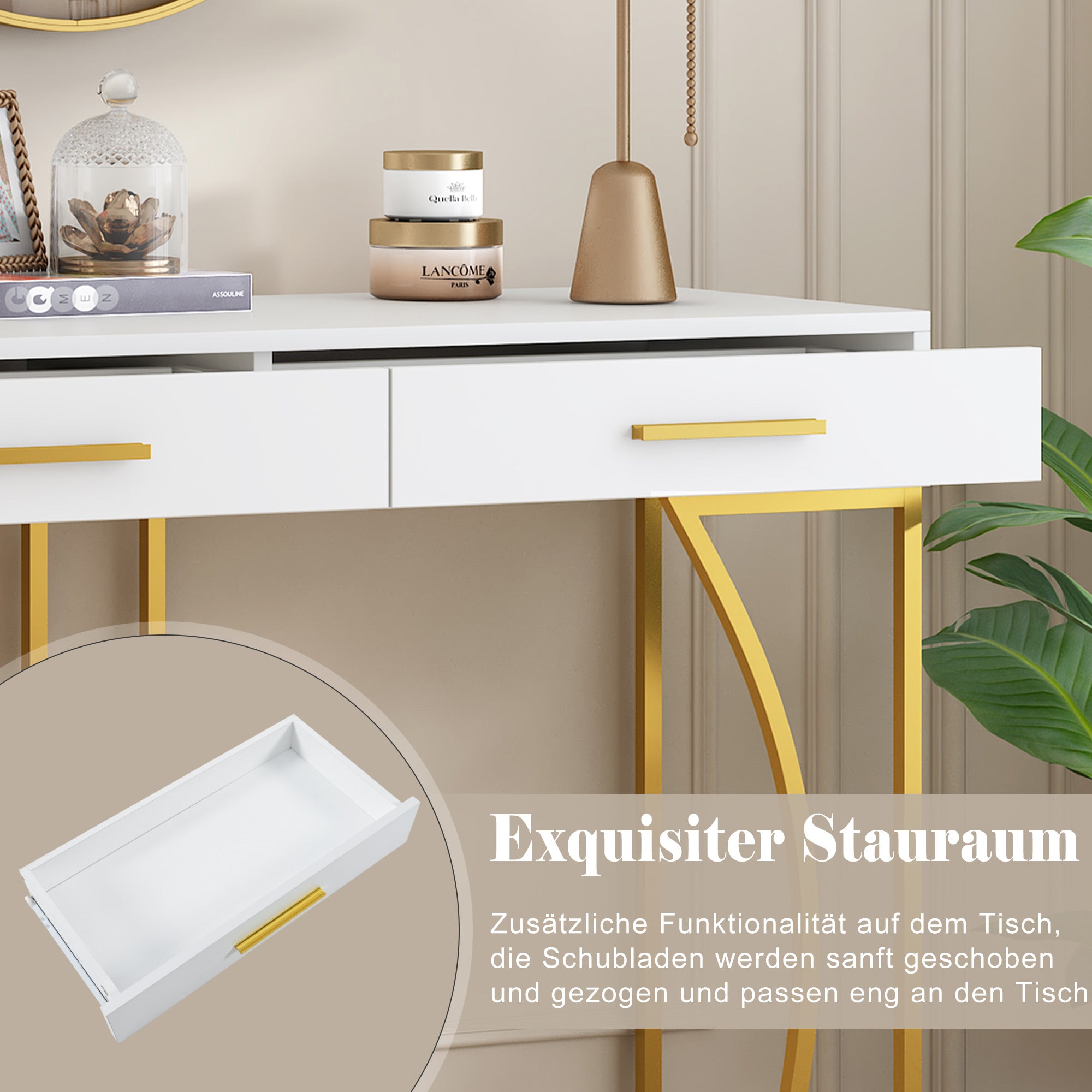 Luxury White & Gold Console Table with 2 Drawers 110cm