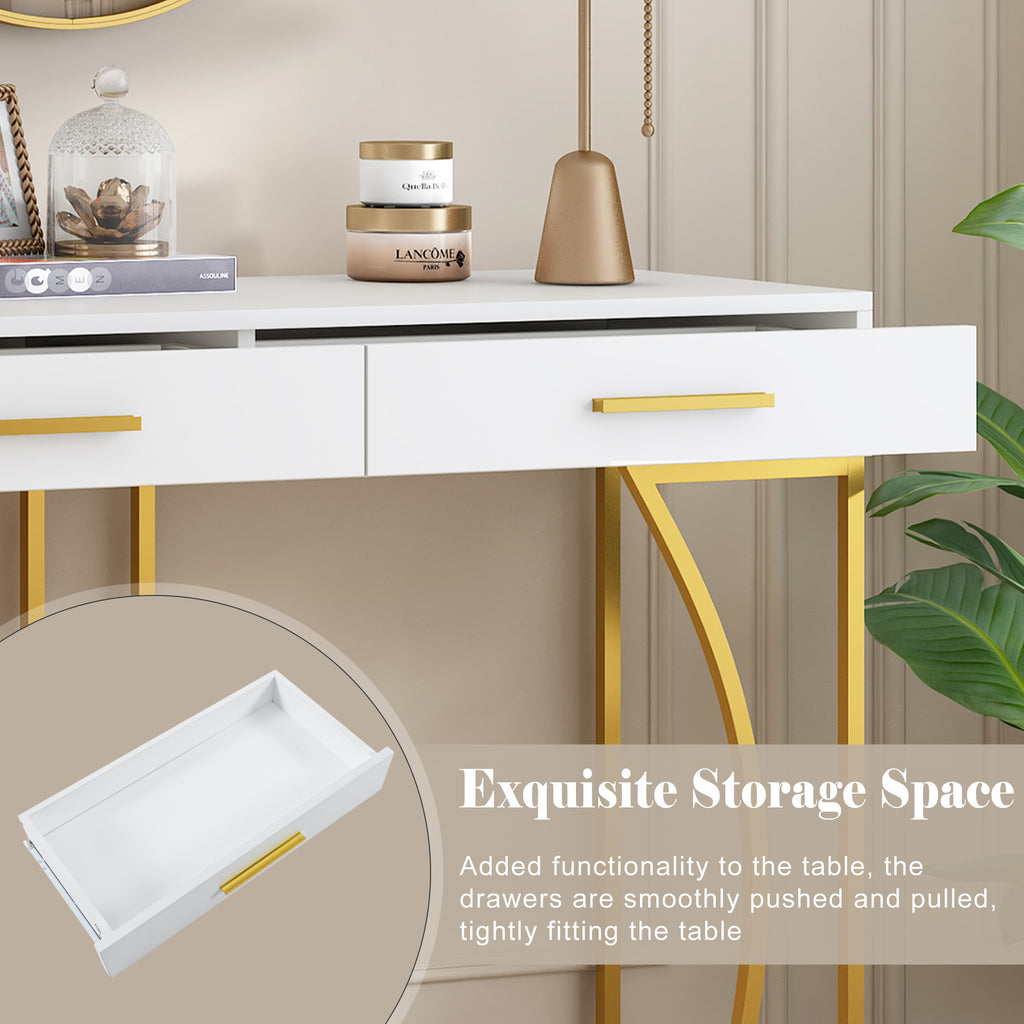 Luxury White & Gold Console Table with 2 Drawers 110cm