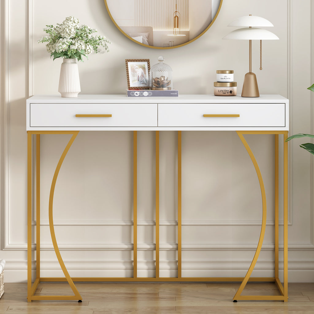 Luxury White & Gold Console Table with 2 Drawers 110cm