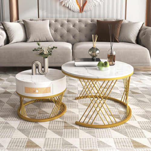 Modern Marble Effect Nesting Coffee Table Set with Gold Legs