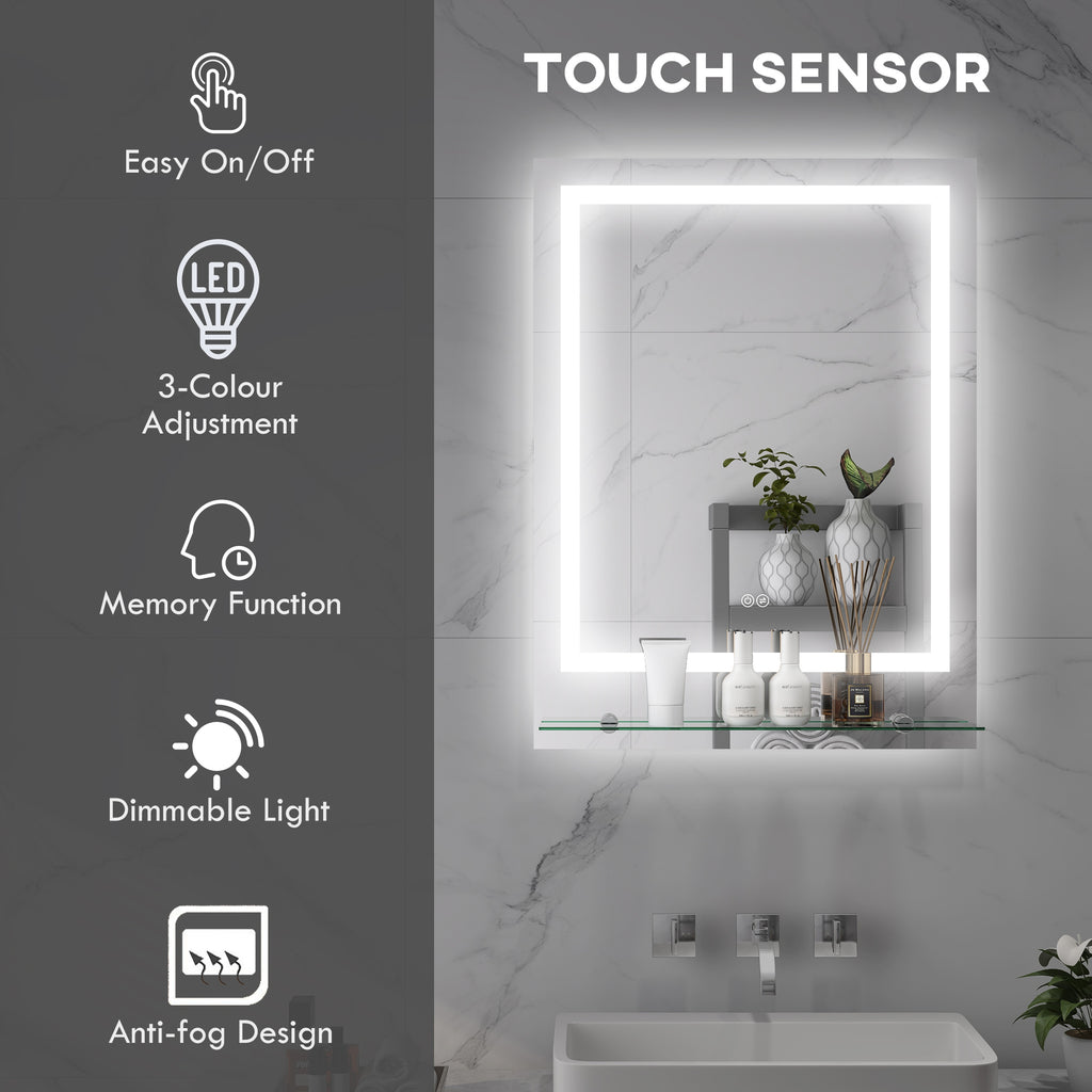 Luxury LED Bathroom Mirror with Smart Touch, Anti-Fog & Shelf 80x60cm