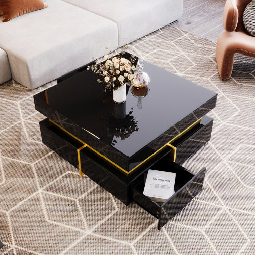 Luxury High-Gloss Coffee Table with Gold Accents & Drawers