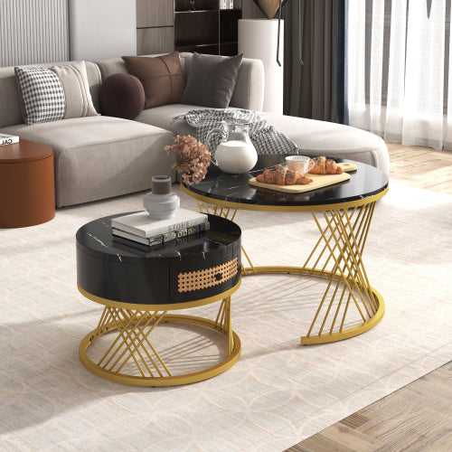 Modern Marble Effect Nesting Coffee Table Set with Gold Legs