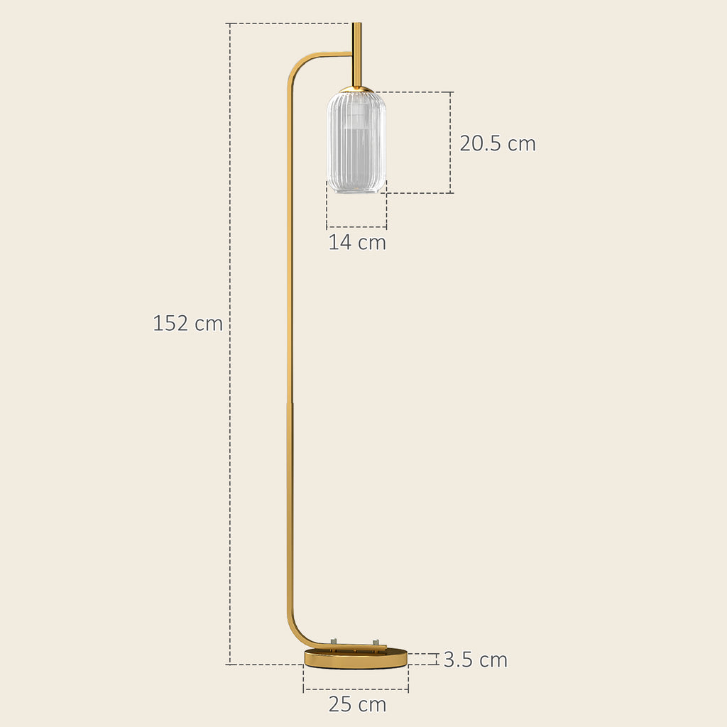 Gold Glass Floor Lamp | 3D Textured Shade | E27 | Foot Switch | 152cm | Gold Tone