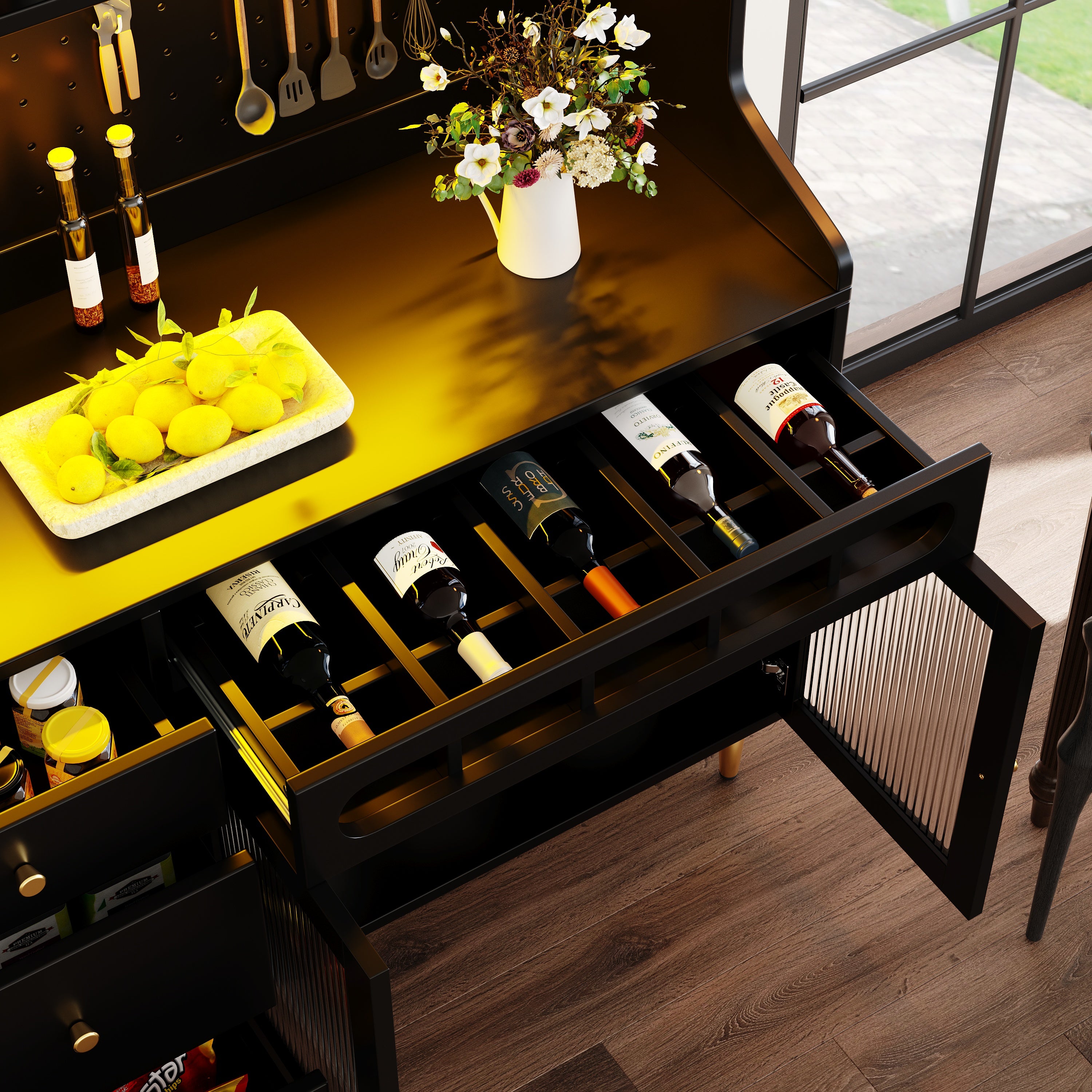 LED Storage Cabinet with Wine Rack & Glass Doors | App-Controlled Lighting | 145x39x171cm | Black