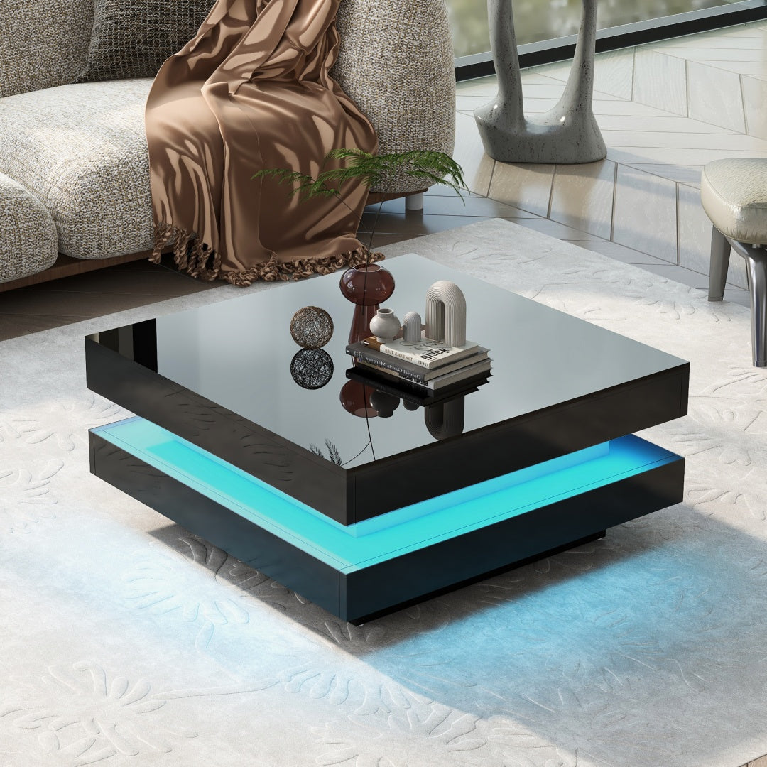 Modern High Gloss Coffee Table with 360° Rotating Top & LED Lights