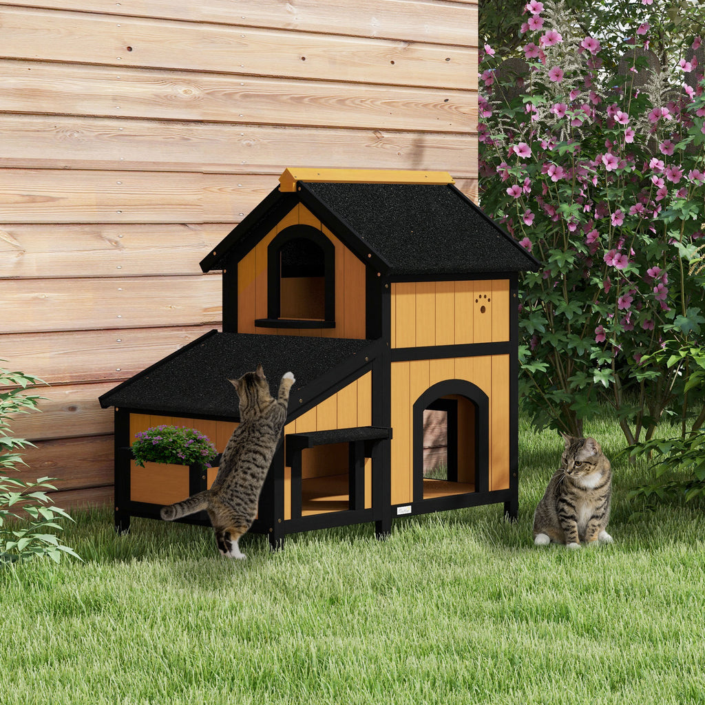 Premium Outdoor Wooden Cat House with Flower Box