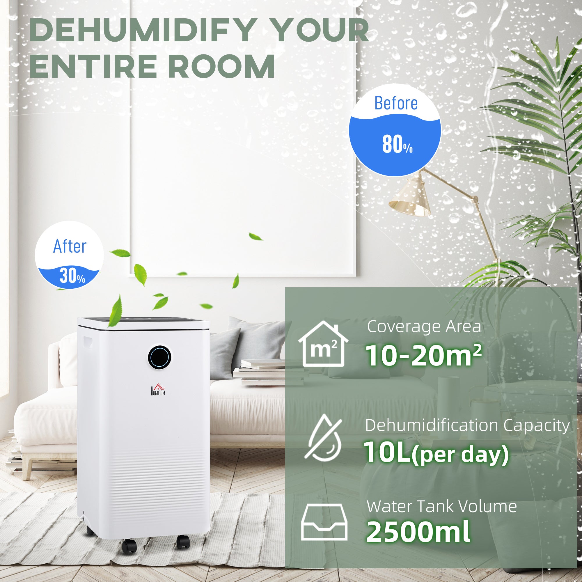 Smart Dehumidifier for Home & Laundry 10L/Day 2.5L Tank