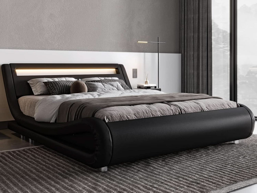 LED Platform Bed Frame | Black Faux Leather | Full Size