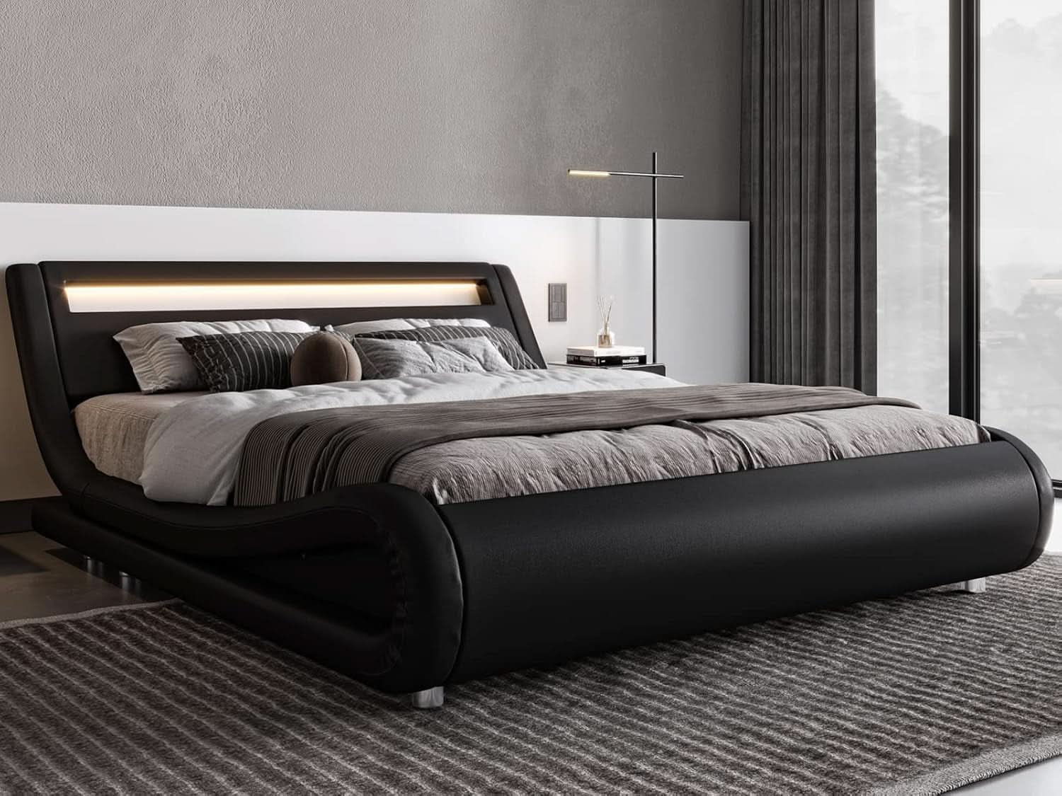 LED Platform Bed Frame | Black Faux Leather | Full Size