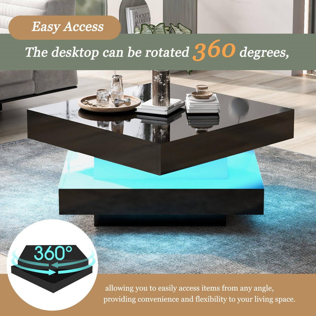Modern High Gloss Coffee Table with 360° Rotating Top & LED Lights