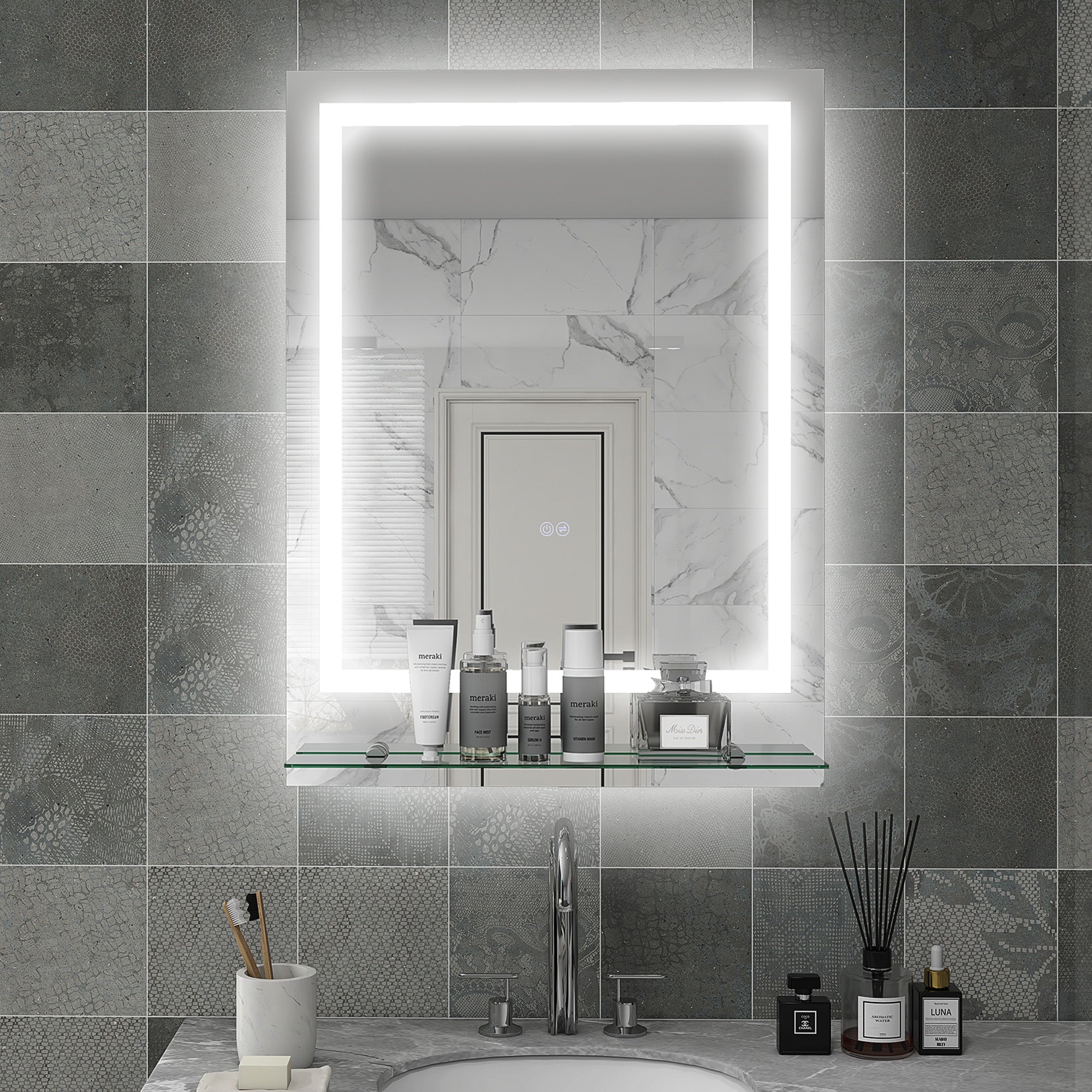 Luxury LED Bathroom Mirror with Smart Touch, Anti-Fog & Shelf 80x60cm