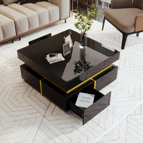 Luxury High-Gloss Coffee Table with Gold Accents & Drawers