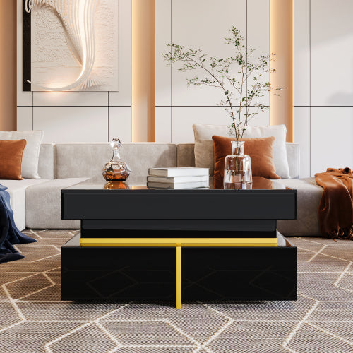 Luxury High-Gloss Coffee Table with Gold Accents & Drawers