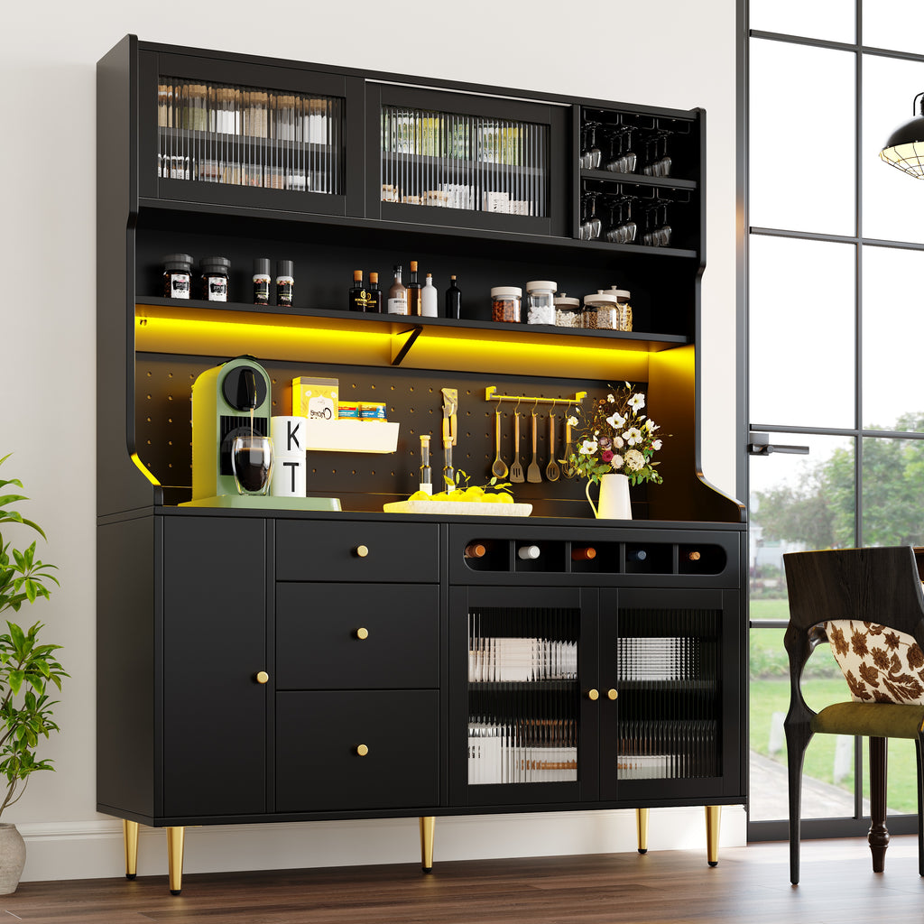 LED Storage Cabinet with Wine Rack & Glass Doors | App-Controlled Lighting | 145x39x171cm | Black