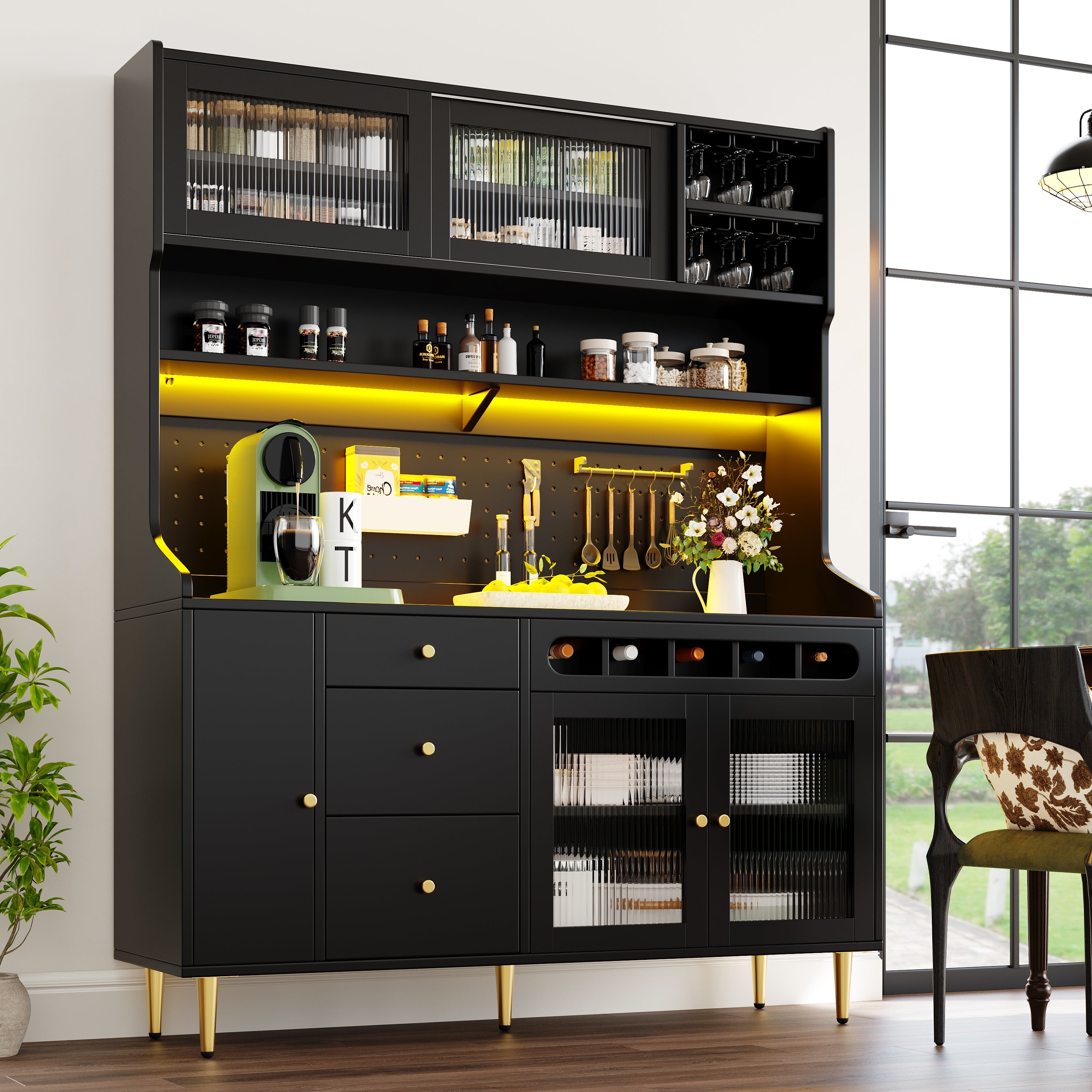 LED Storage Cabinet with Wine Rack & Glass Doors | App-Controlled Lighting | 145x39x171cm | Black