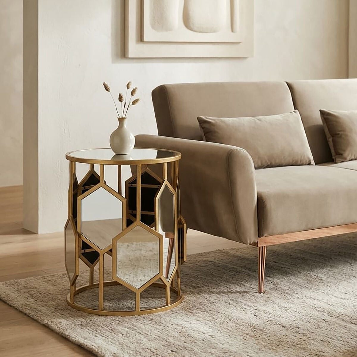Rio Mirrored Top and Gold Finish Round Side Table
