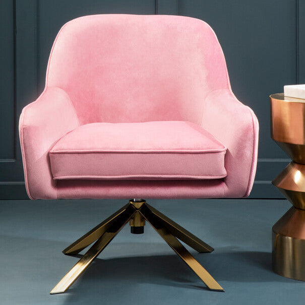 Avery Pink Velvet Swivel Chair with Brushed Gold Finish Base