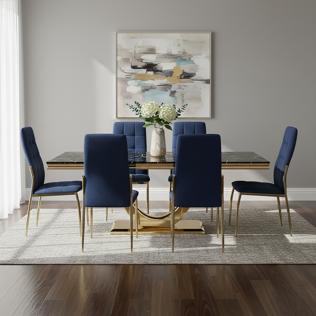 Moda Black Marble Effect Rectangular Dining Table with Gold Finish Base