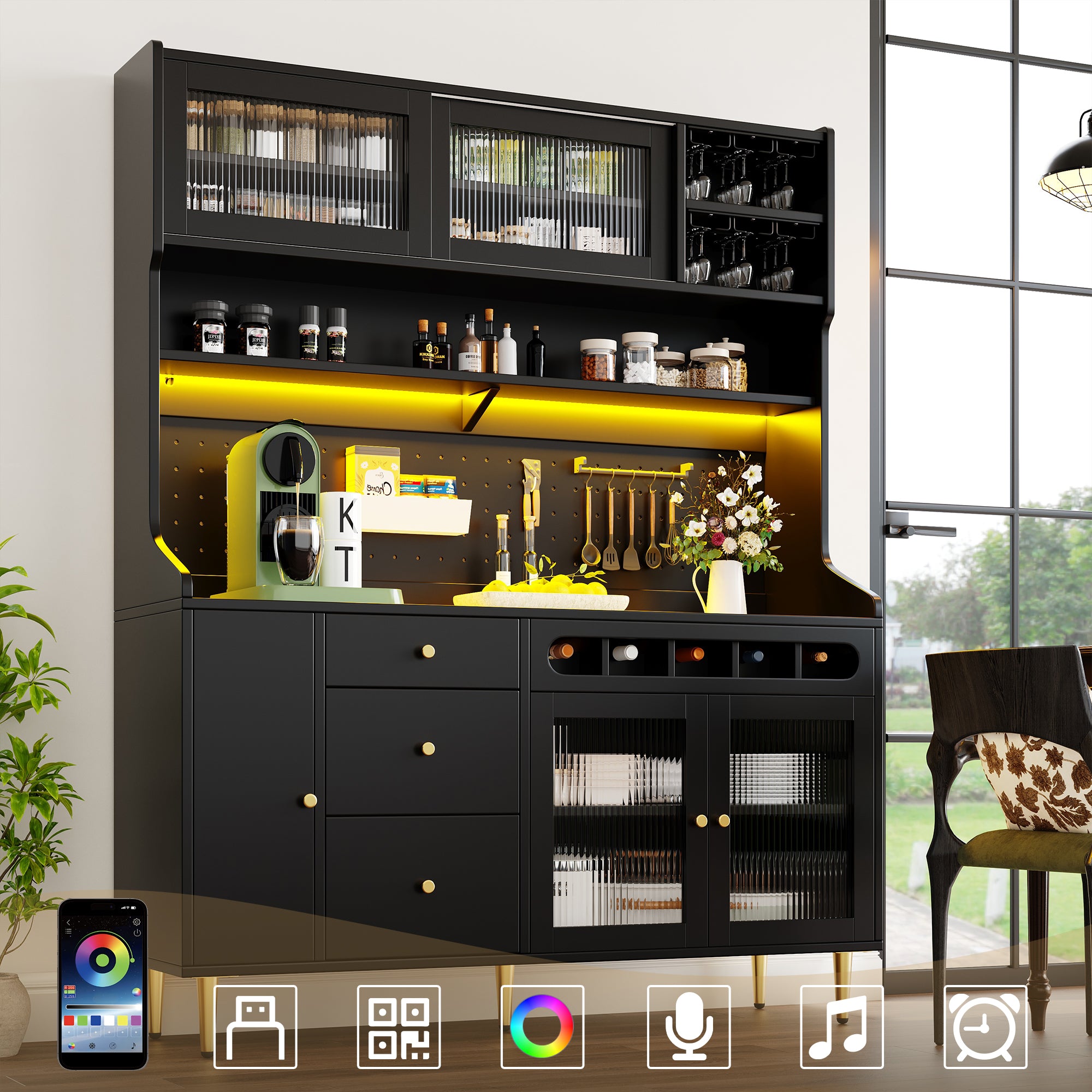LED Storage Cabinet with Wine Rack & Glass Doors | App-Controlled Lighting | 145x39x171cm | Black