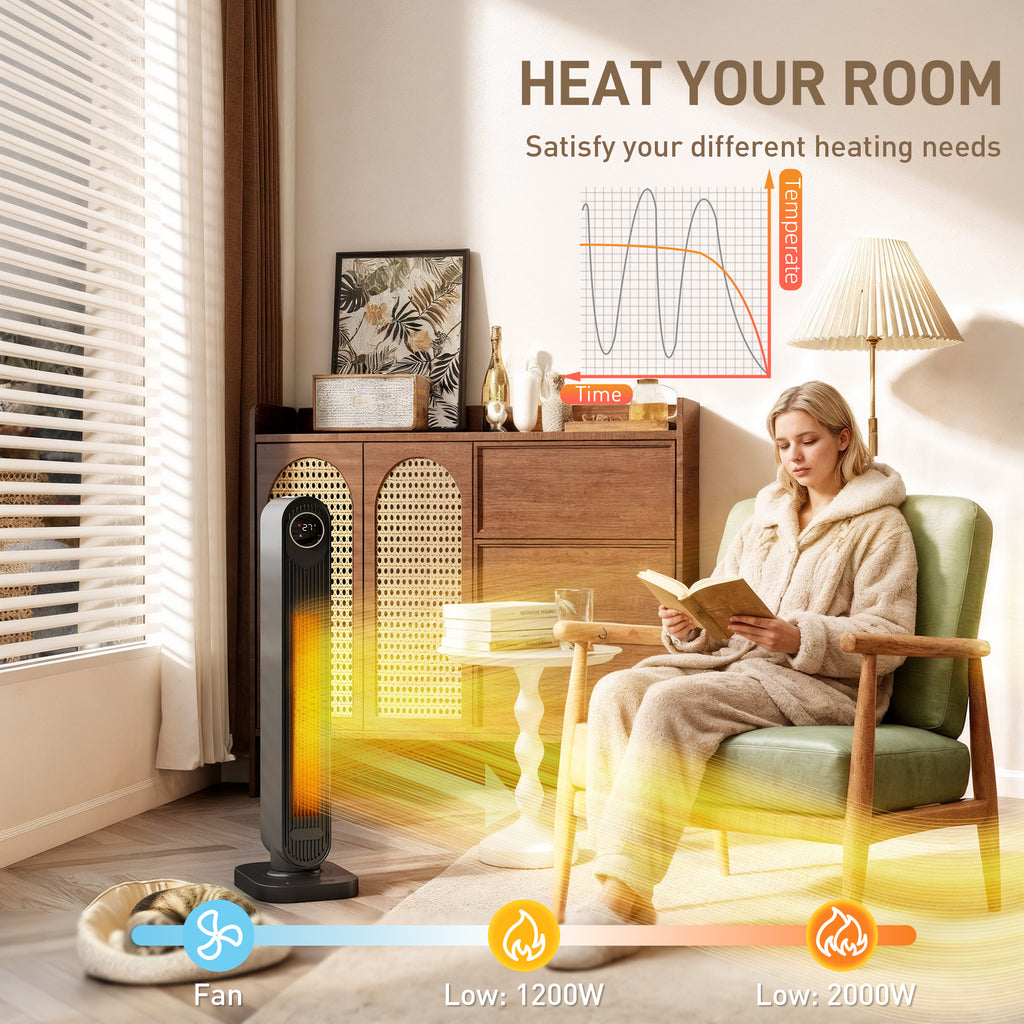 Ceramic PTC Tower Heater 2000W with Remote & 15H Timer