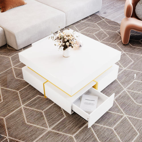 Luxury High-Gloss Coffee Table with Gold Accents & Drawers