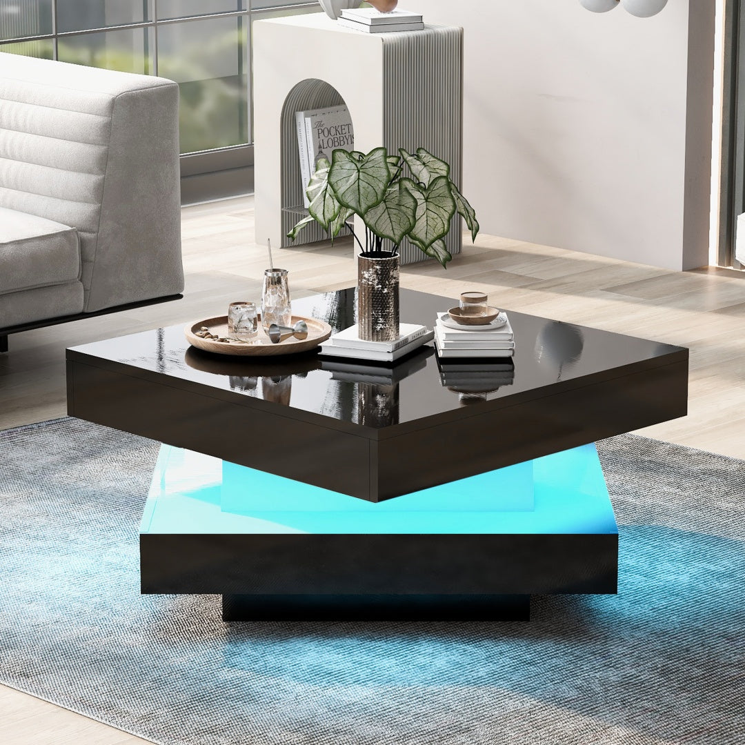Modern High Gloss Coffee Table with 360° Rotating Top & LED Lights