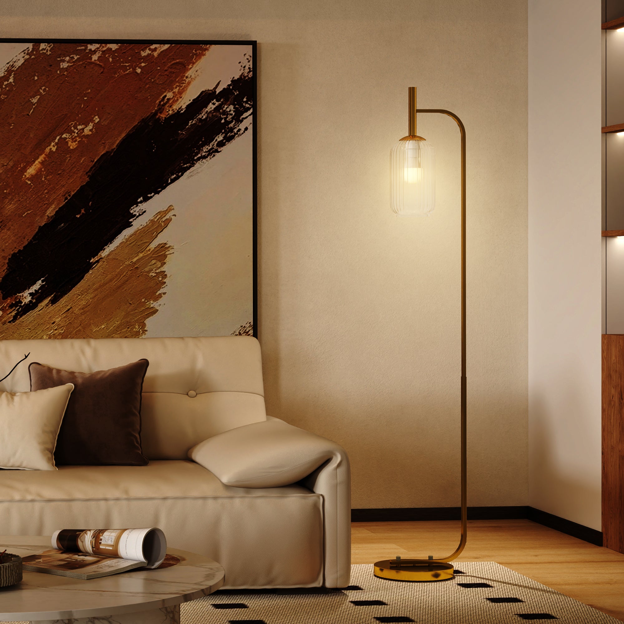 Gold Glass Floor Lamp | 3D Textured Shade | E27 | Foot Switch | 152cm | Gold Tone