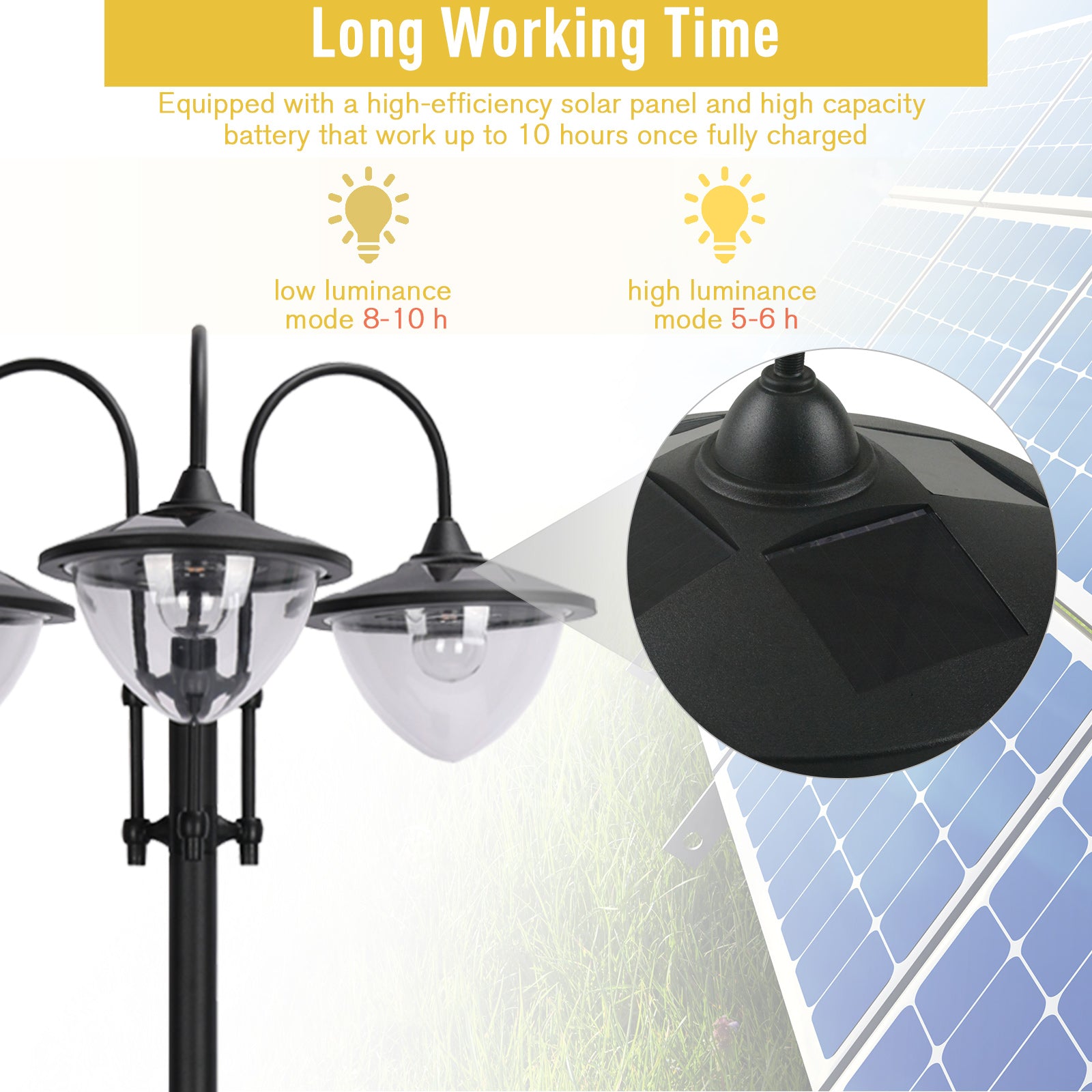 Solar Garden Lamp Post with Planter Base | Auto Dusk-to-Dawn | IP44 | 189cm | Black