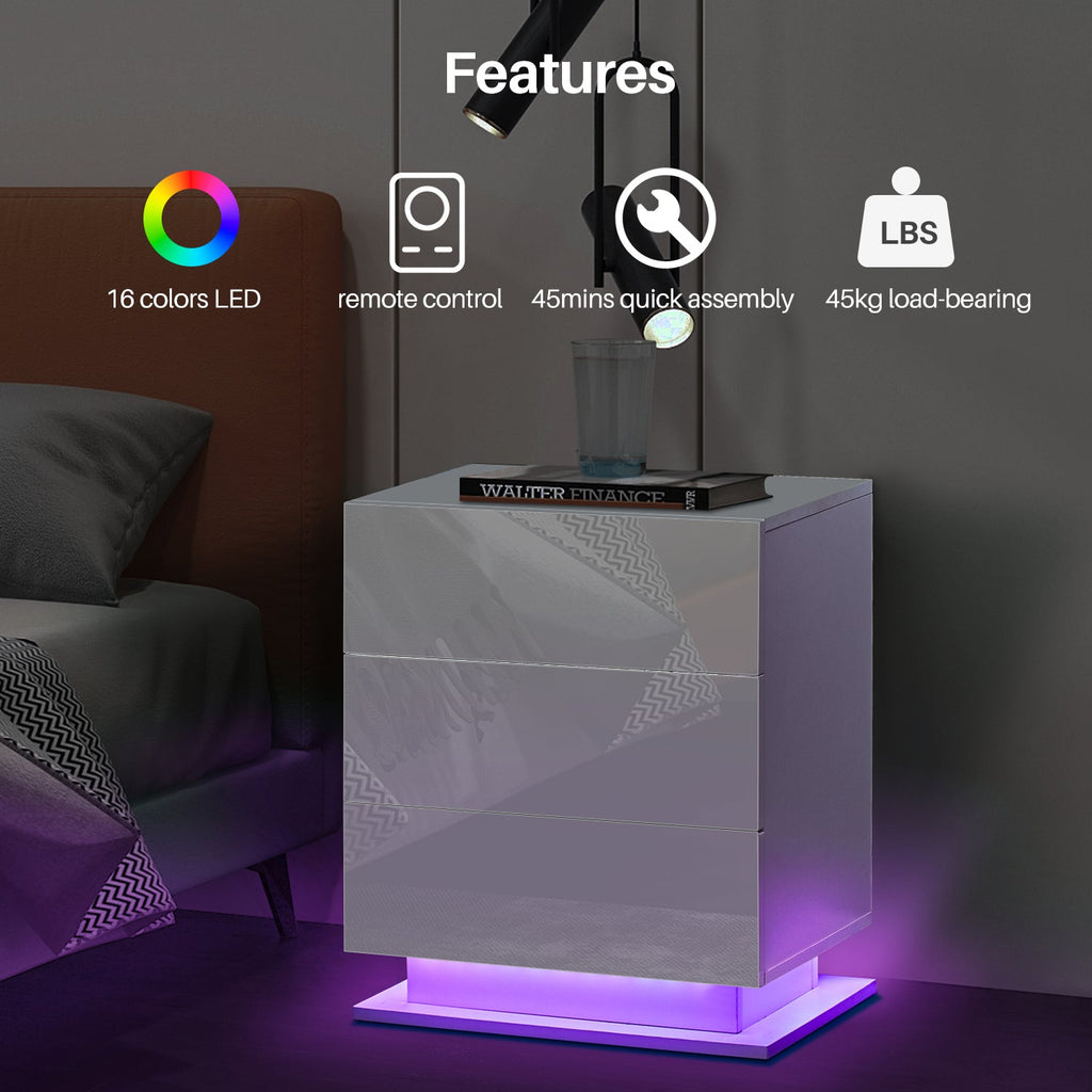 Mario LED Bedside Table | 3 Drawers | High Gloss | White & Black