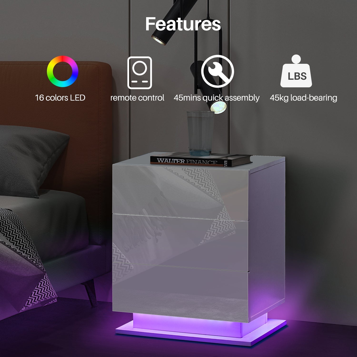 Mario LED Bedside Table | 3 Drawers | High Gloss | White & Black