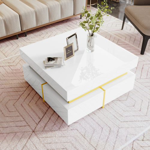 Luxury High-Gloss Coffee Table with Gold Accents & Drawers