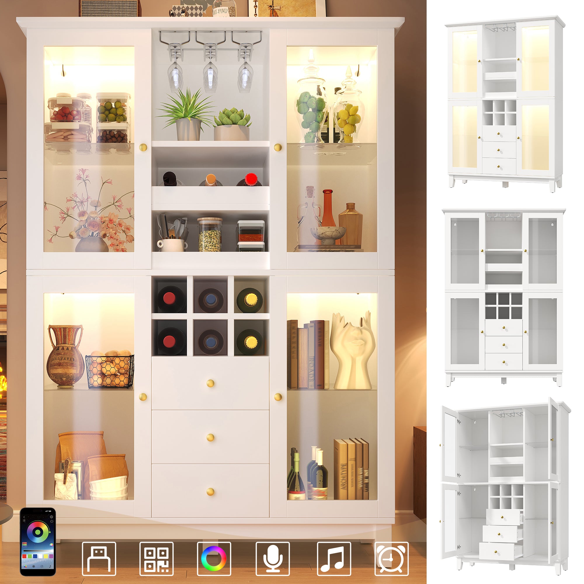 Smart LED Wine Cabinet | App-Controlled Lighting | Glass Display | Wine Rack | White