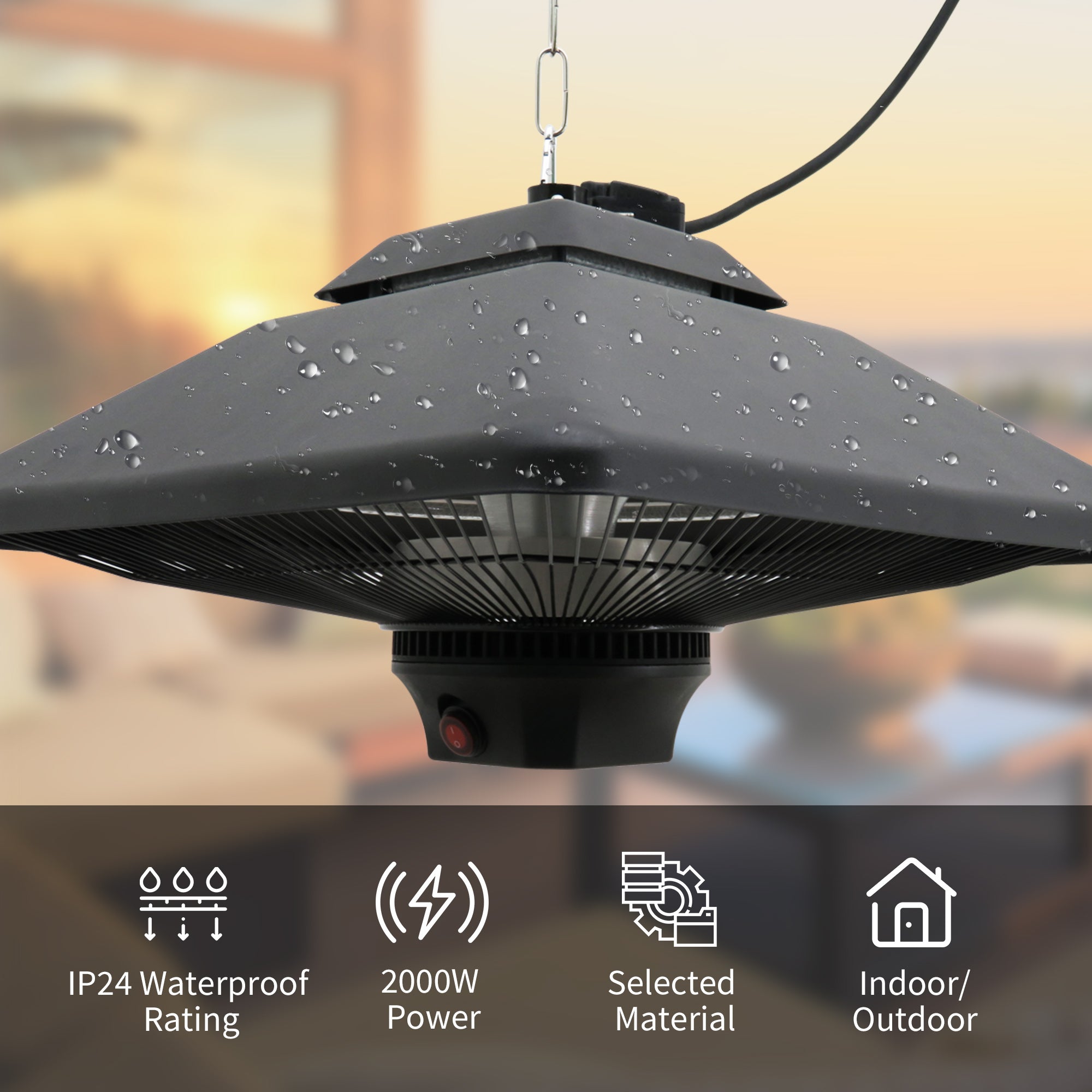Hanging Patio Heater | 2000W Electric | Remote Control | Adjustable Heat | Black