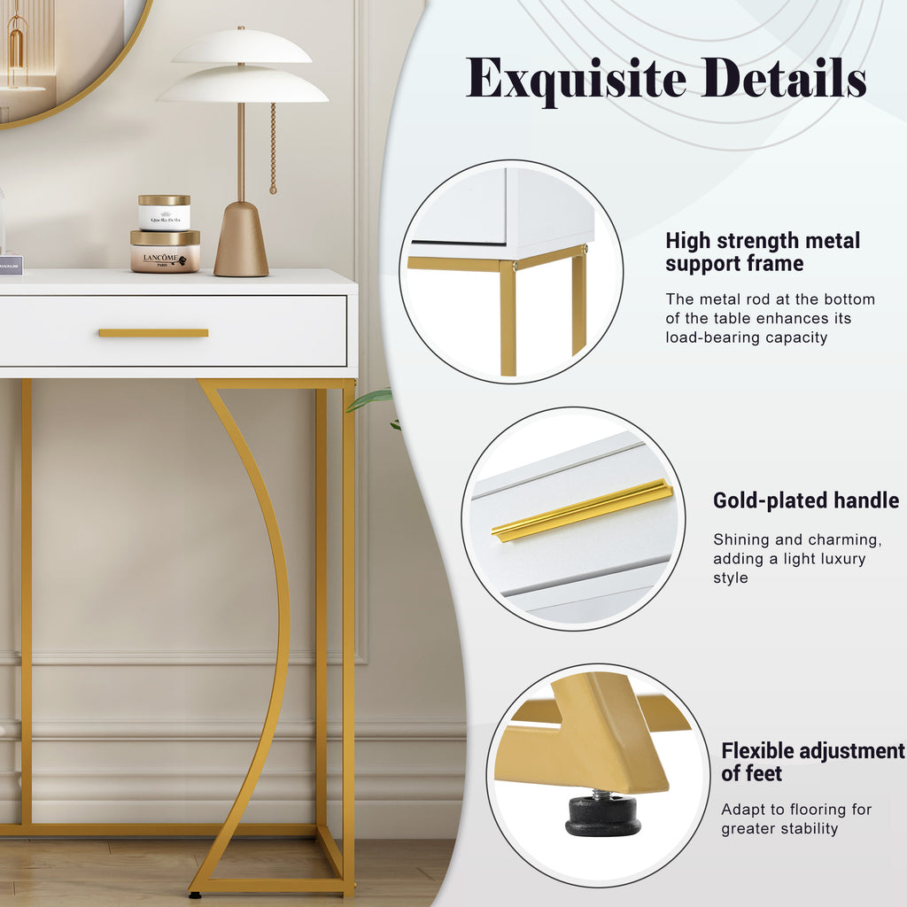 Luxury White & Gold Console Table with 2 Drawers 110cm