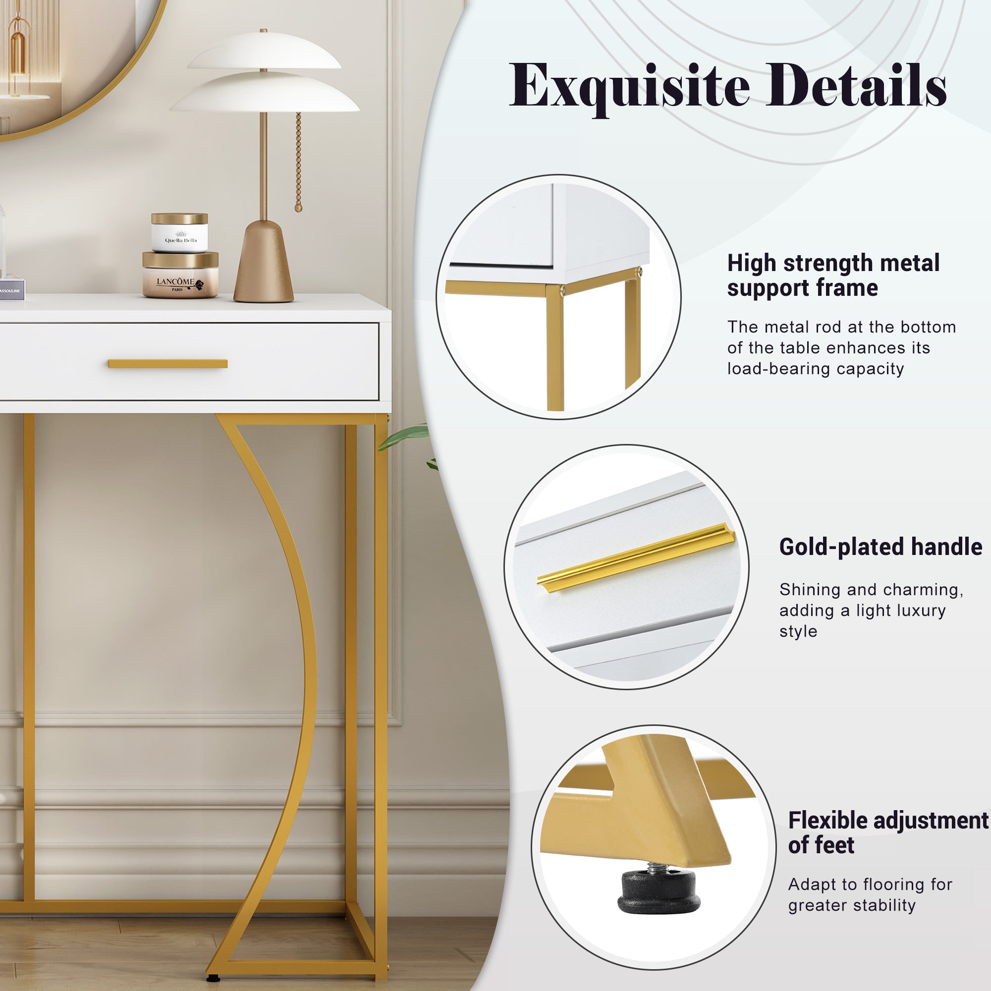 Luxury White & Gold Console Table with 2 Drawers 110cm