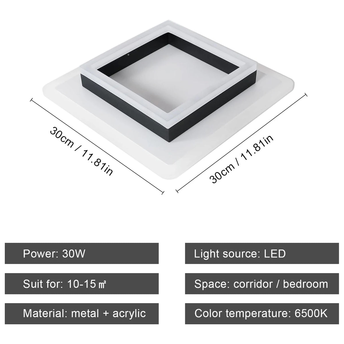 Modern Square Acrylic LED Ceiling Light — 24W, 6500K Cool White