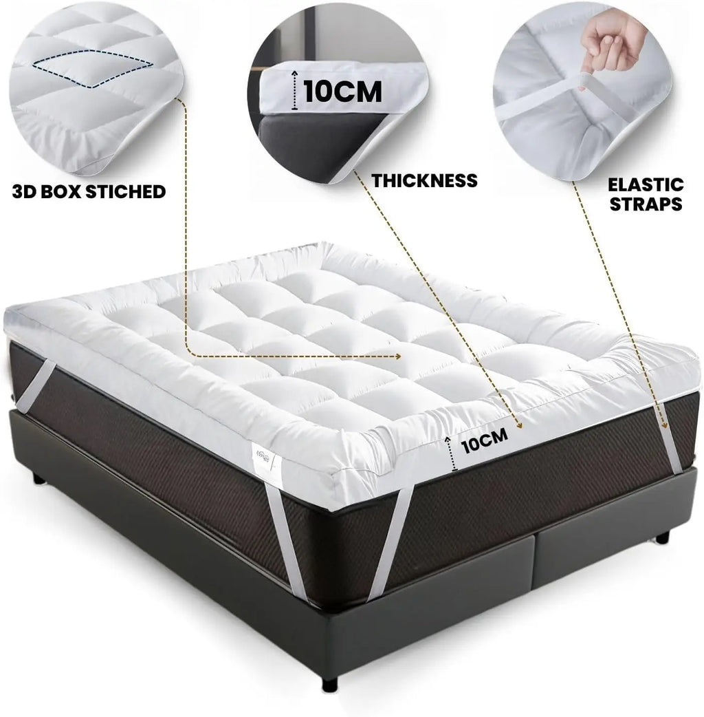 10cm Microfibre Mattress Topper, Hotel-Style Box Stitched Bed Topper with Corner Straps, Single to Super King