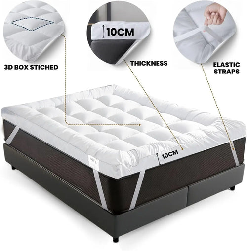 10cm Microfibre Mattress Topper, Hotel-Style Box Stitched Bed Topper with Corner Straps, Single to Super King