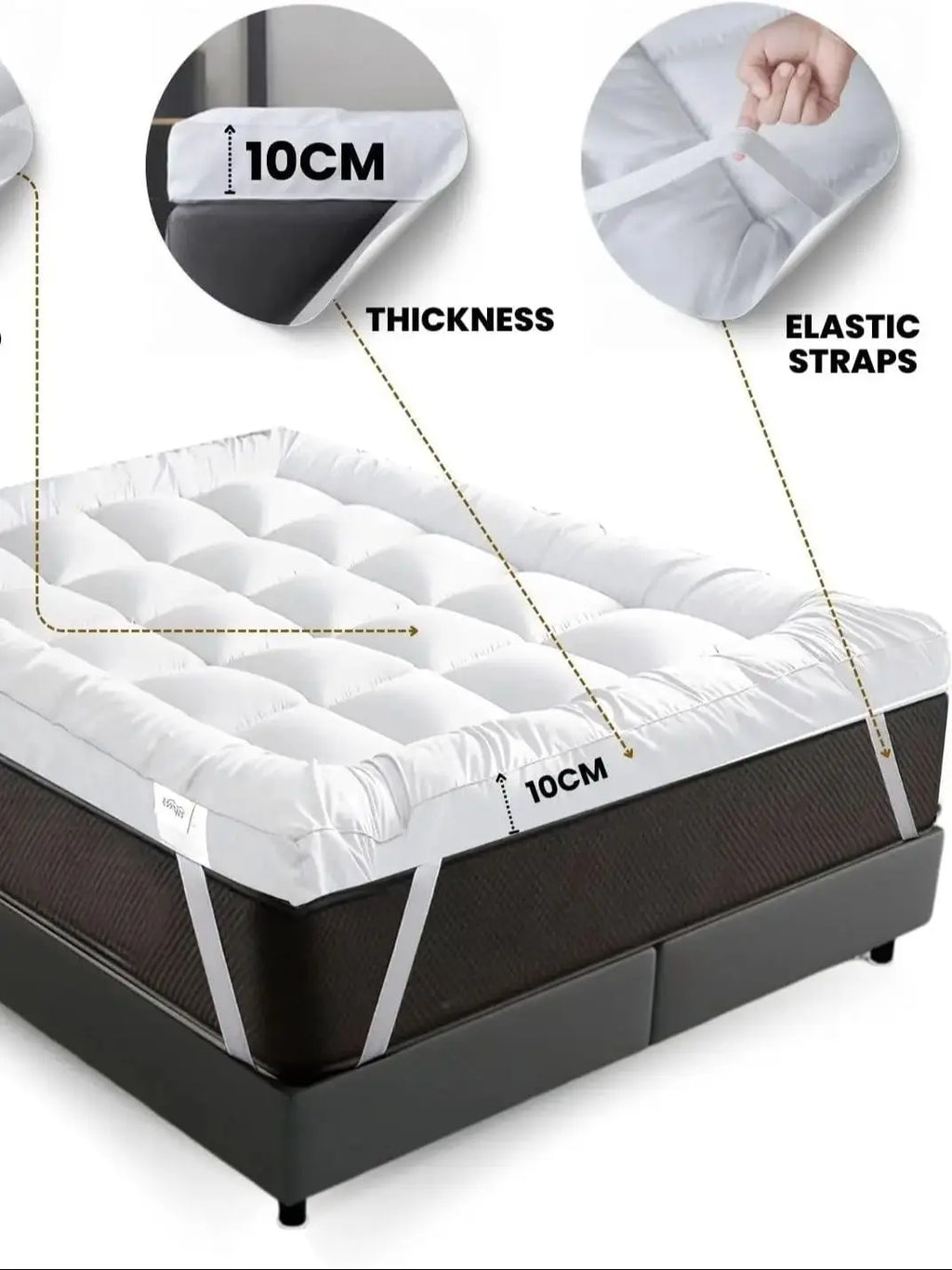 10cm Microfibre Mattress Topper, Hotel-Style Box Stitched Bed Topper with Corner Straps, Single to Super King