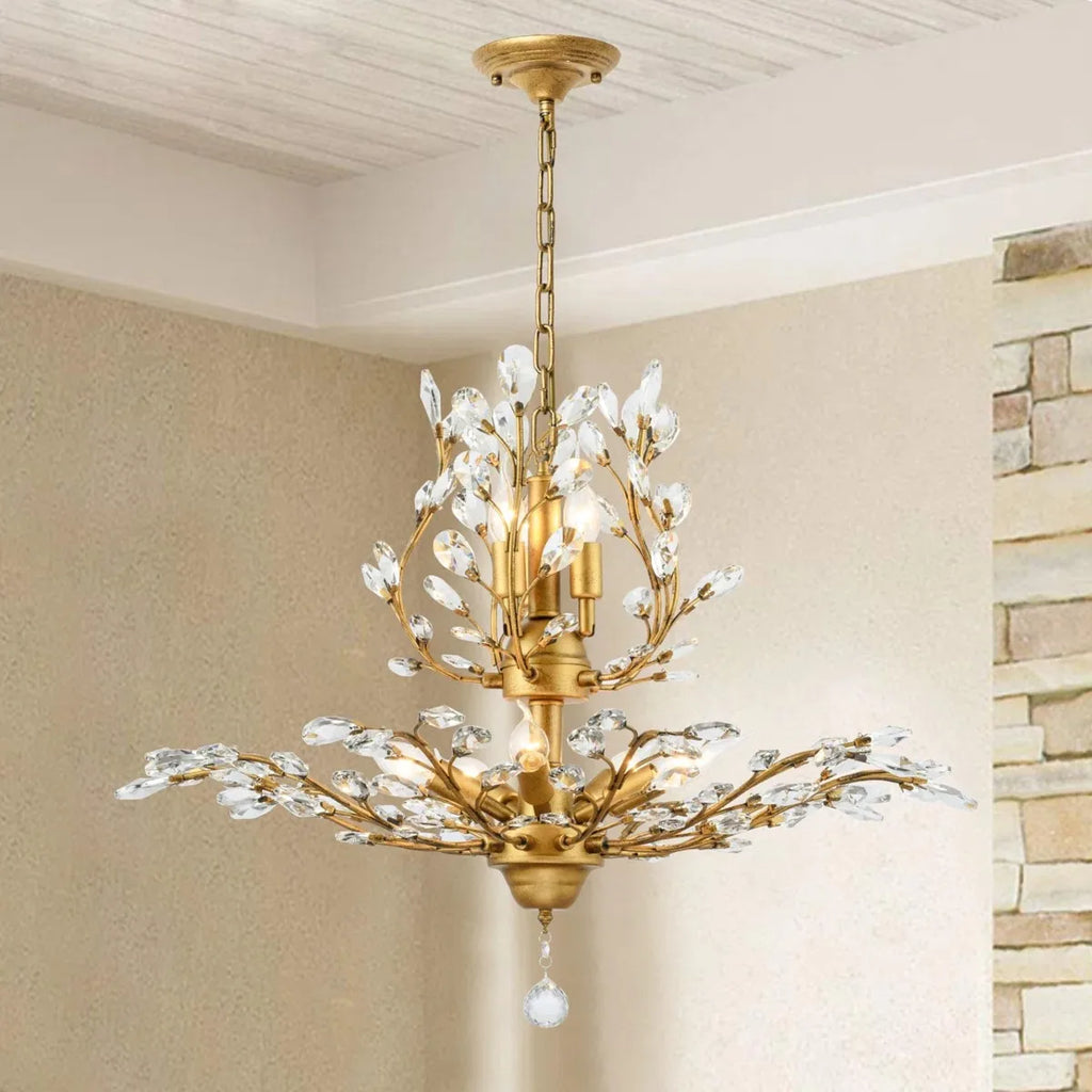 Luxury Crystal Branch Chandelier | 7-Light Gold Empire Pendant | Colour-Changeable