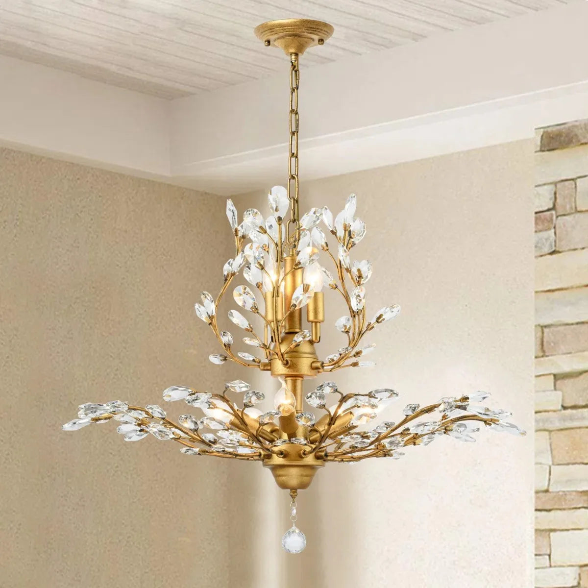 Luxury Crystal Branch Chandelier | 7-Light Gold Empire Pendant | Colour-Changeable