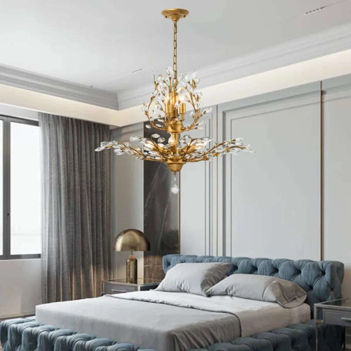 Luxury Crystal Branch Chandelier | 7-Light Gold Empire Pendant | Colour-Changeable