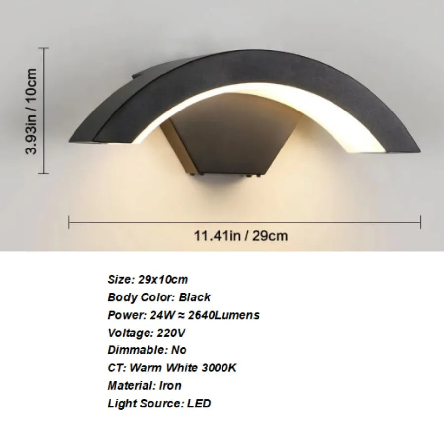 24W LED Modern Outdoor Wall Sconce | Warm White 3000K | Black Iron