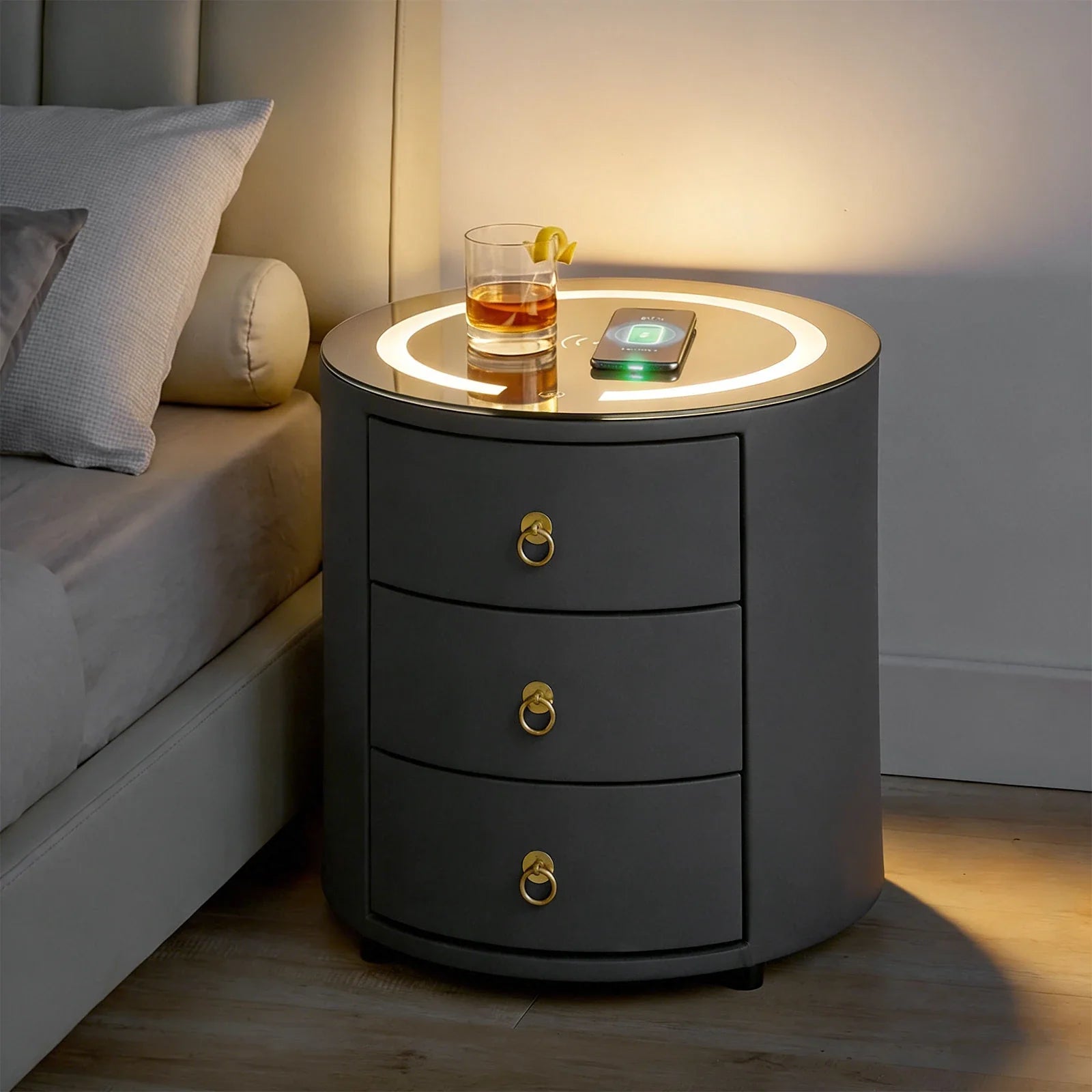 Brookline Smart Bedside Table | LED Light & Wireless Charging | Grey