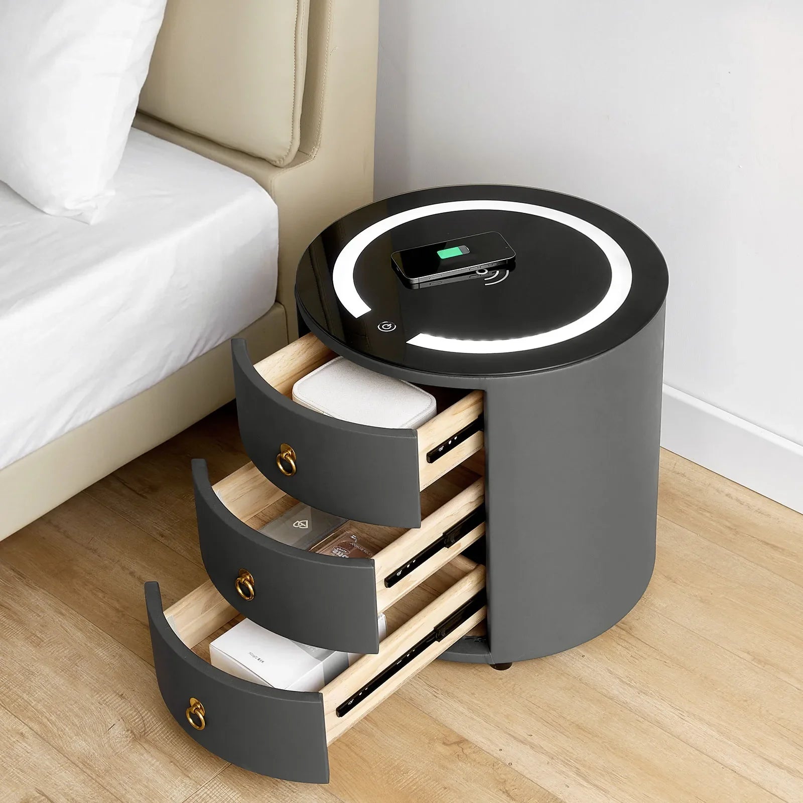 Brookline Smart Bedside Table | LED Light & Wireless Charging | Grey
