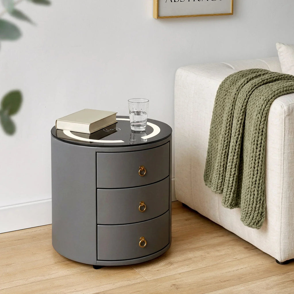 Brookline Smart Bedside Table | LED Light & Wireless Charging | Grey