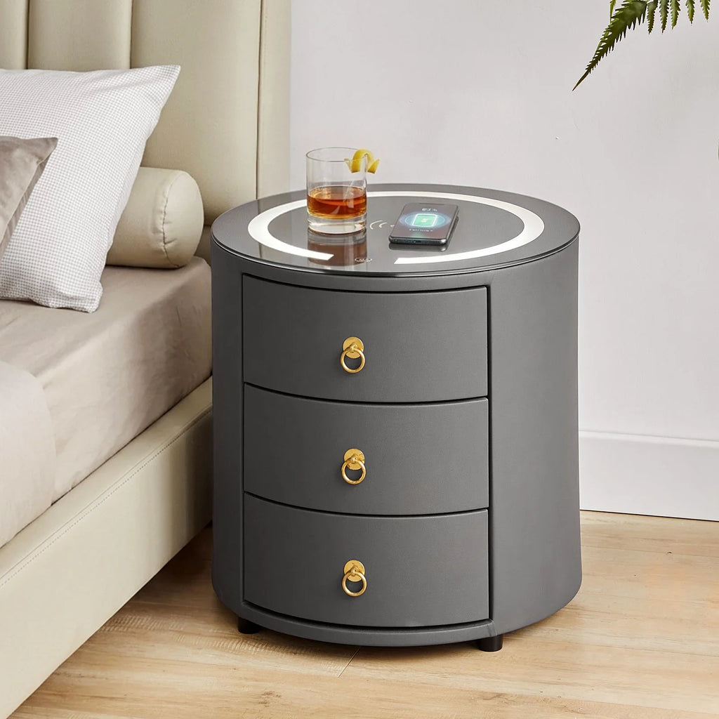 Brookline Smart Bedside Table | LED Light & Wireless Charging | Grey